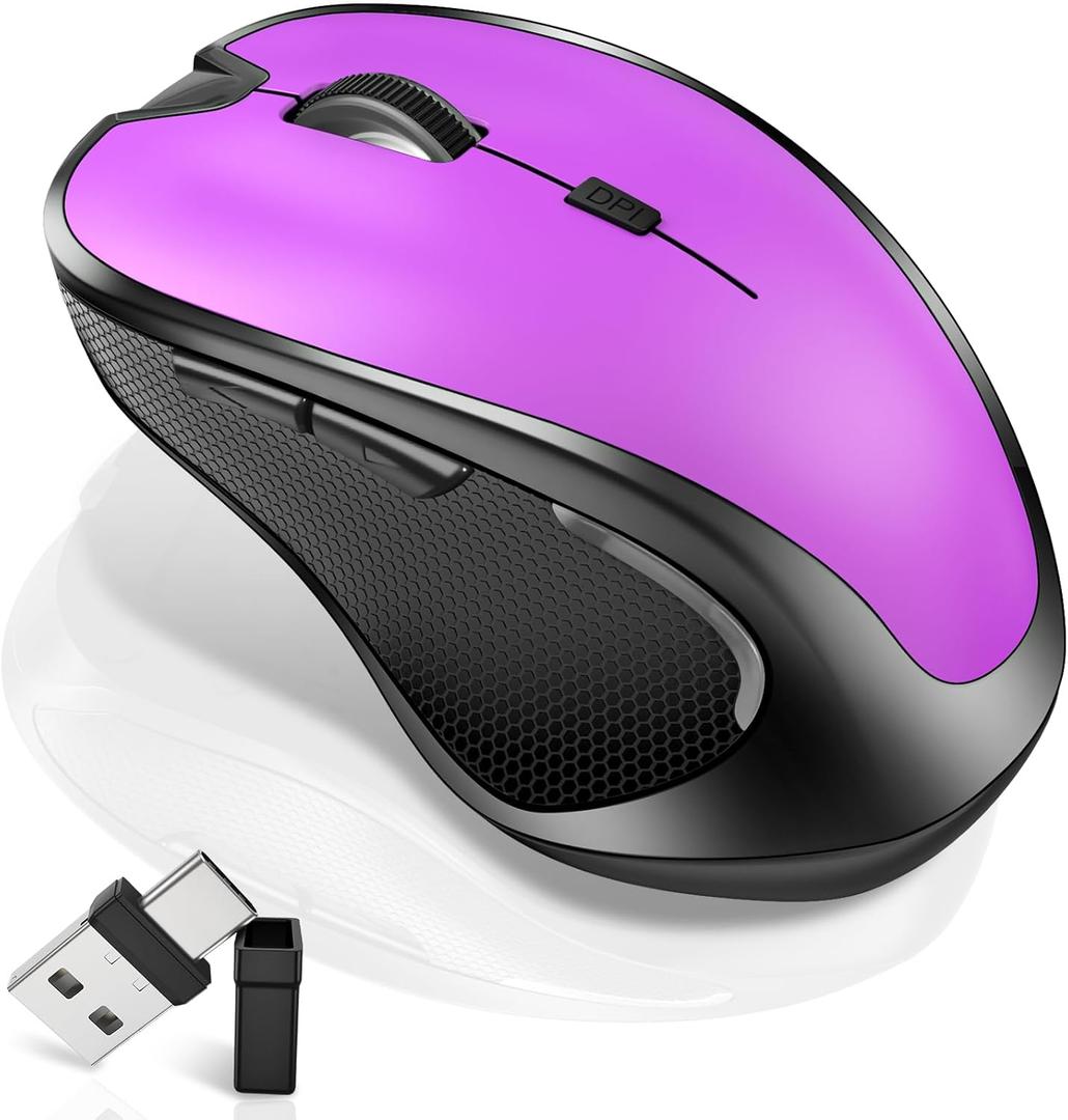 Mouse for MacBook Wireless Bluetooth Mouse Laptop MacBook Air Mac Pro Rechargeable Silent PC iPad Optical Mouse with Jiggler Dual Mode Switch Bluetooth 5.2/3.0 and 2.4GHz USB Type-C Receiver Purple