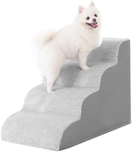 MIHIKK Dog Stairs Ramp, Curved 4-Step Dog Steps for Small Dogs and Cats, Pet Stairs for High Beds and Couch with Anti-Slip Washable Cover and Durable High Density Foam, Grey