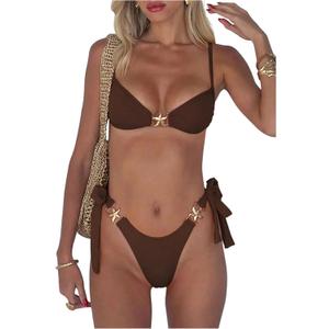 SOLY HUX Women's Bathing Suit Ring Linked High Cut String Bikini Set Tie Side Thong Two Piece Swimsuit (Large, Pure Khaki)