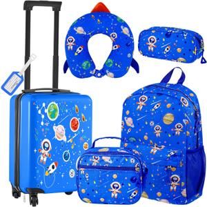 Redbaker 6 Pcs Kids Luggage Set 17 Inch Kids Rolling Luggage Double Pattern Suitcase for Girls Boys School Gift(Light Blue, Astronauts)
