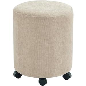 Get Set Style Ottoman with Wheels, Rolling Vanity Stool for Makeup, Upholstered Vanity Rolling Chair Footrest Round Ottoman Foot Stool for Living Room, Bedroom Creamy