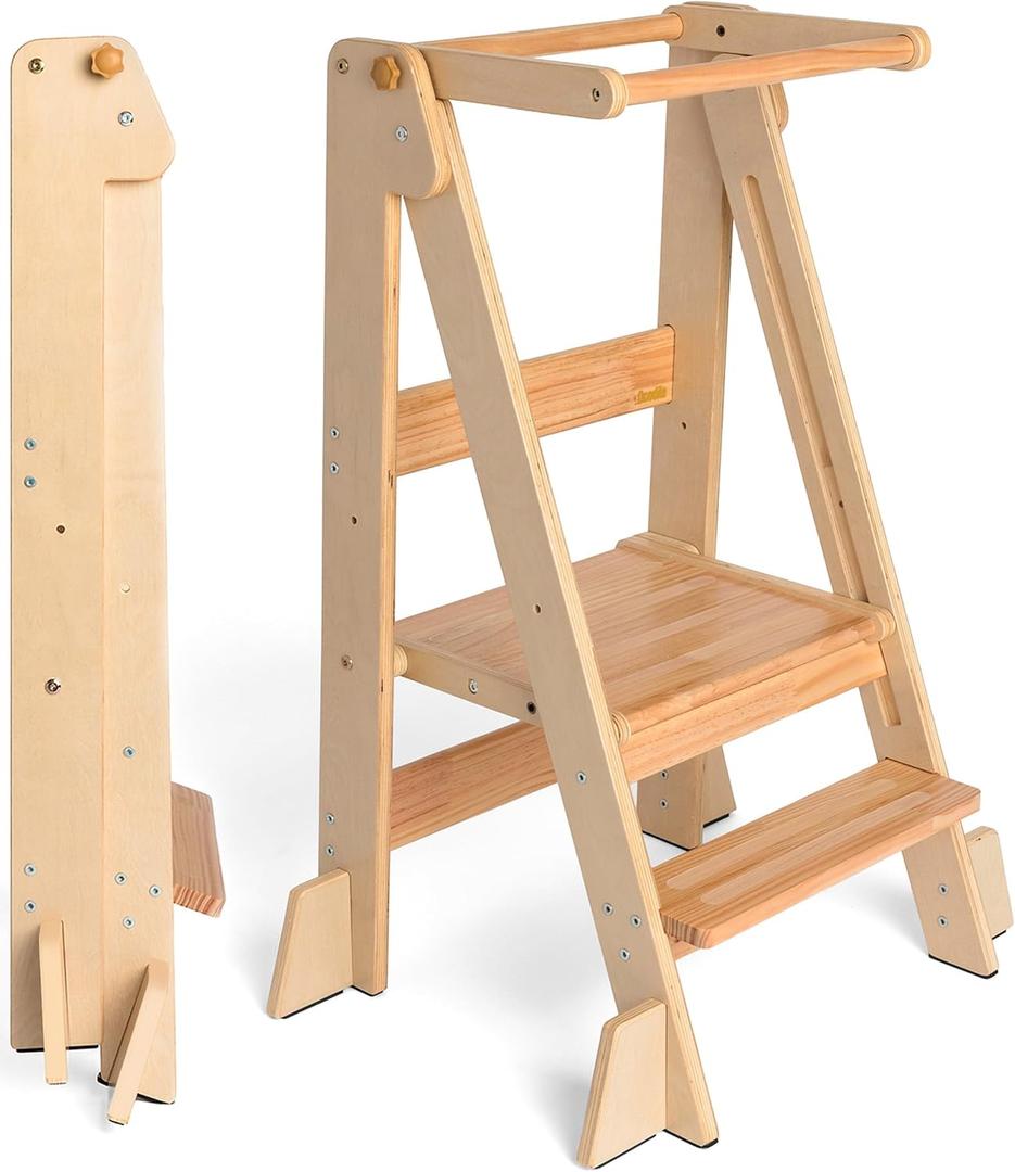 OCODILE Adjustable Foldable Toddler Tower Folding Tower for Kids | Montessori Toddler Kitchen Step Stool Helper for Independence - Varnished