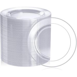 FOCUSLINE 100 Count Clear Silver Plastic Plates 7 Inch, Disposable Heavy Duty Clear Plates with Silver Rim, Premium Hard Plastic Plate Fancy Disposable Salad Dessert Plate for Wedding Parties