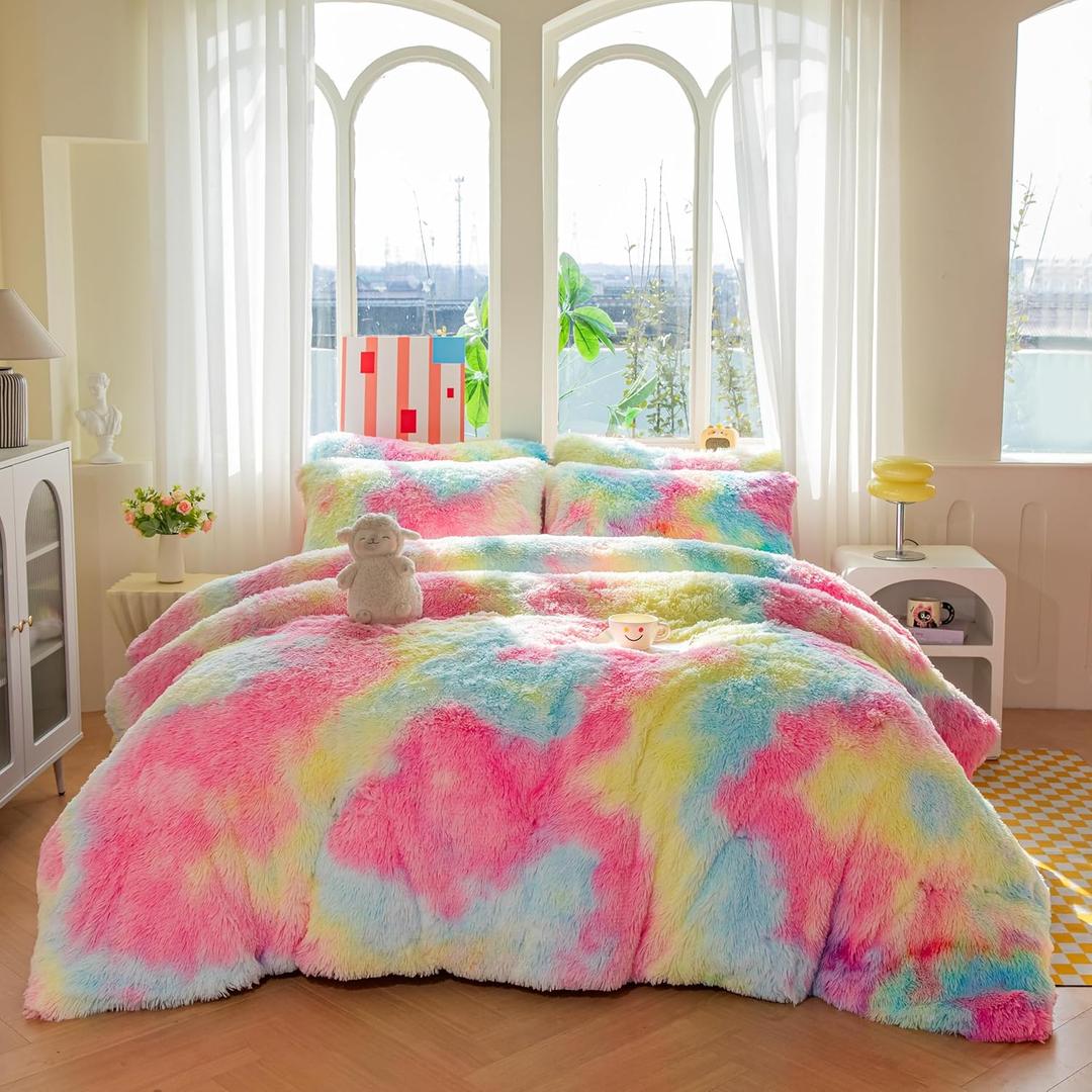 Faux Fur Kids Girls Rainbow Comforter Sets Twin/Full - 3PC Bed Set Warm Comfortable Soft Plush Flannel Velvet Fluffy Fuzzy BeddingComforter x 1 Pillowcases x 2