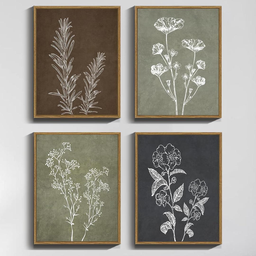 Drsoum Botanical Wall Art Framed Boho Wall Art Decor Wooded Vintage Print Modern Farmhouse Home Kitchen Decor 11x14inx4pcs