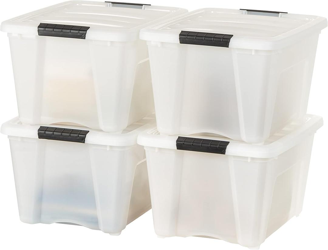 IRIS USA 32 Qt Stackable Plastic Storage Bins with Lids, 4 Pack - BPA-Free, Made in USA - Discreet Organizing Solution, Latches, Durable Nestable Containers, Secure Pull Handle - Pearl IRIS USA 32 Qt Stackable Plastic Storage Bins with Lids, 4 Pack - BPA-Free, Made in USA - Discreet Organizing Solution, Latches, Durable Nestable Containers, Secure Pull Handle - Pearl