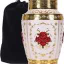 Urn for Human Ashes Adult Female - Rose Flower Cremation Urn Mom - Funeral Urn for Women Made of Zinc Alloy - Hold 200 Cubic inches of Ashes (Gold_Red) (Large Gold_red)
