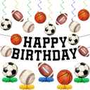 Sports Birthday Party Decorations Happy Birthday Banners Football Basketball Hanging Swirls Baseball Soccer Honeycombs Table Centerpieces for Sport Theme Party Supplies Favors Decor