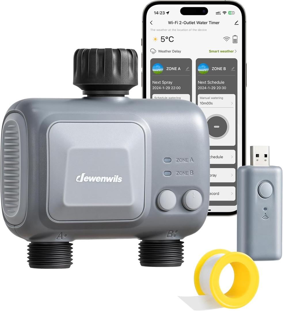 DEWENWILS WiFi Sprinkler Timer 2 Zone, Smart Hose Water Timer with 2 Outlets, APP Control Irrigation System, Rain Delay & Manual Watering for Garden, Lawn, Yard, Plants