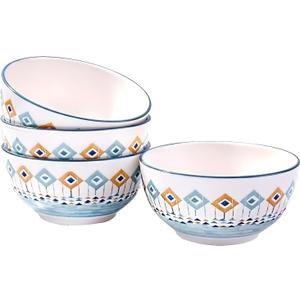 4.5 Inch Ceramic Bowl Set of 4, Geometric Pattern Tableware, Scandinavian Style Tableware, Underglaze, High Temperature Firing (os)