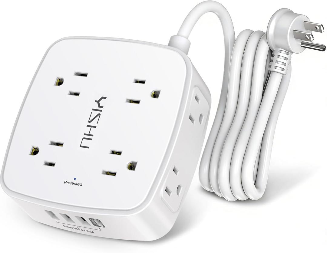 6 Ft Surge Protector Power Strip - 8 Widely Outlets with 4 USB Ports, 3 Side Outlet Extender with 6 Feet Extension Cord, Flat Plug, Wall Mount, Desk USB Charging Station, ETL, White