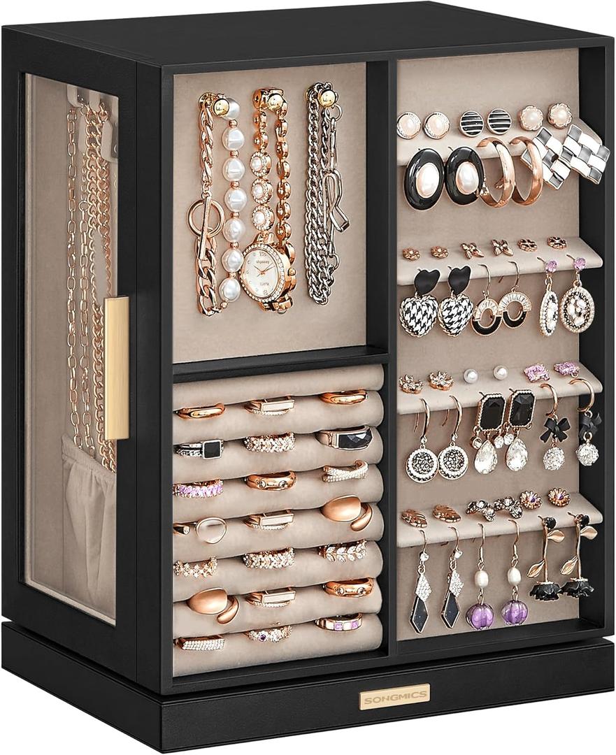 SONGMICS Jewelry Box 360Rotating, Jewelry Storage Case with 5 Drawers, Jewelry Organizer, Glass Window, Spacious, Vertical Jewelry Storage, Open Design, Great Gift, Graphite Black UJBC170B01