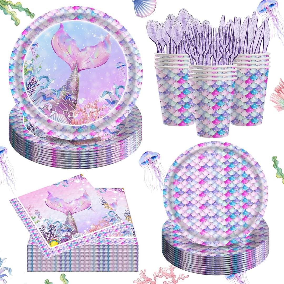 140PCS Mermaid Themed Party Supplies for Girls Baby Shower Under the Sea Mermaid Birthday Party Decorations Ocean Party Tableware Plates Cups Napkins Knives Forks for 20 Guests