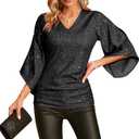 Womens Sequin Top 3/4 Sleeve Sparkly Shirt Glitter V-Neck Dressy Blouse for Evening Party Night (Extra Large, Black)
