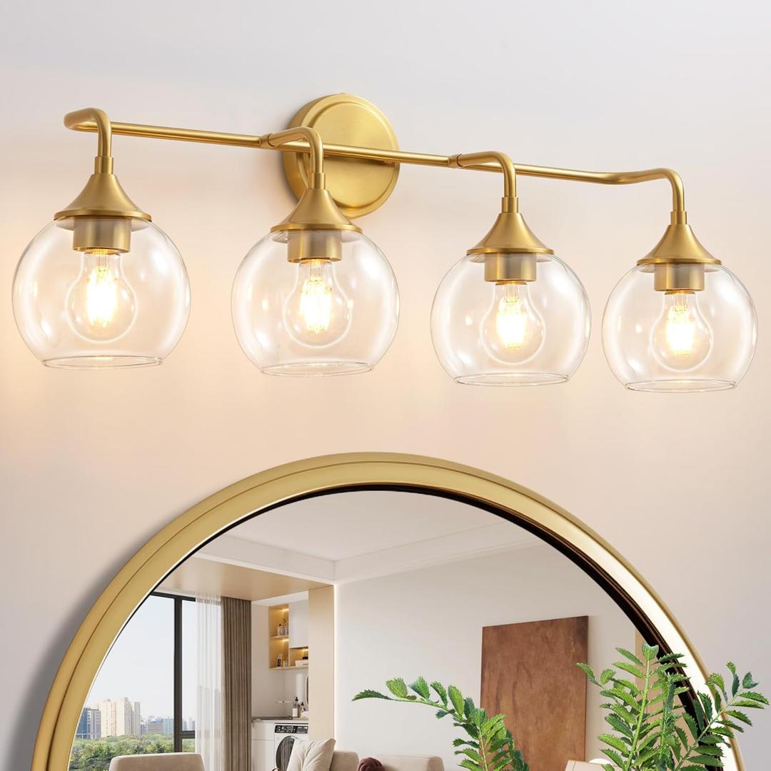 Bathroom Vanity Light Gold, 4 Light Bathroom Light Fixtures Over Mirror with Clear Glass Shade, 31 inch Vanity Lights for Bathroom Farmhouse (Exclude E26 Bulb)