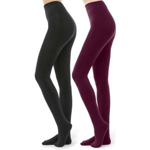 G&Y 2 Pairs Fleece Lined Tights for Women - 100D Opaque Warm Winter Pantyhose (Black & Burgandy Red)