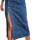 Women's Casual Slit Denim Midi Jean Skirt Stretch High Waisted Button Up Frayed with Pockets (Medium)