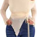 Women's Plus Size Sheer Mesh Off Shoulder Tops Long Sleeve Drawstring Asymmetrical Hem Ruched T Shirt (5X-Large Plus)