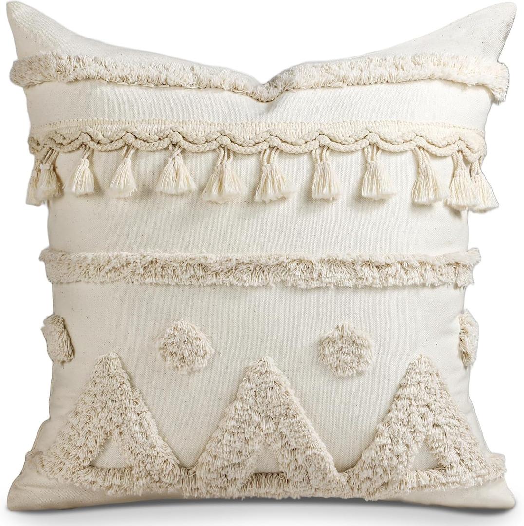 Throw Pillow Covers 18x18 - Tufted Boho Decorative Pillow Cover with Zipper for Couch Sofa Bed Living Room Aesthetic Soft Farmhouse Textured Striped Indoor Pillowcase, Cream Tassel
