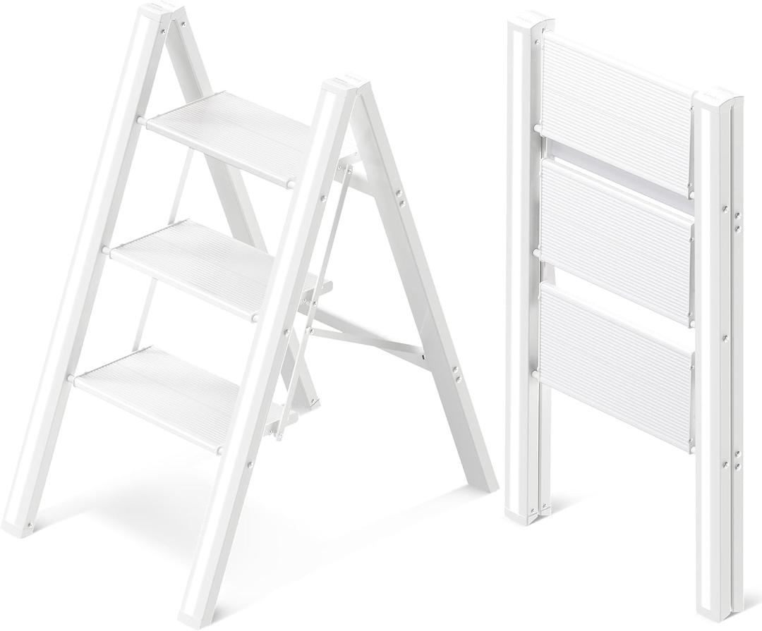 3 Step Ladder, Aluminum Folding Step Stool with Anti-Slip Sturdy and Wide Pedal, Lightweight Portable Stepladder for Home and Kitchen Use Space Saving, Cream White, 330 lbs