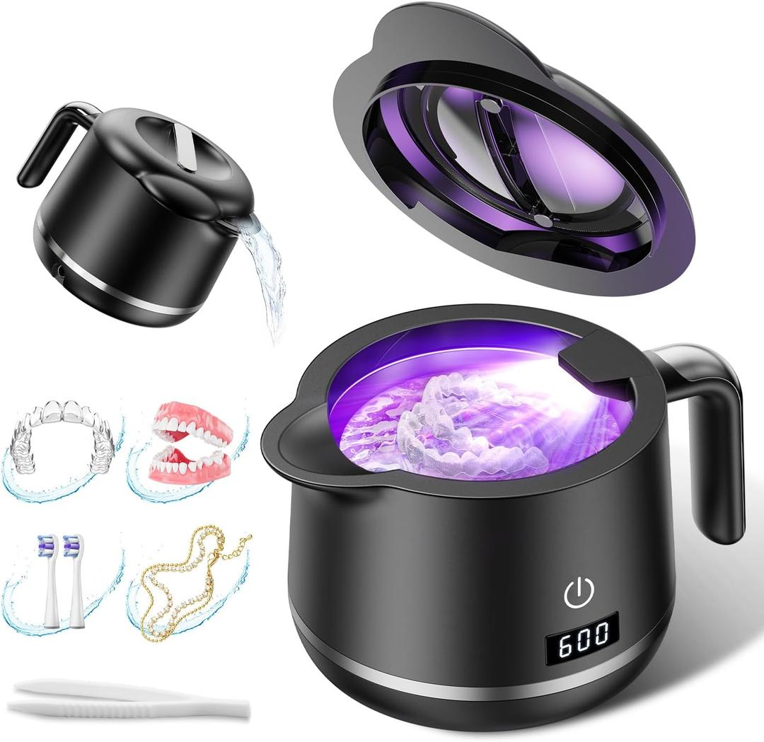 Ultrasonic Retainer Cleaner Machine - 45kHz Ultrasonic Cleaner - 200ML Mouth Guard & Denture Cleaner Pod & Jewelry - 5 Modes with Digital Timer - Upgrade Water Bottle Design