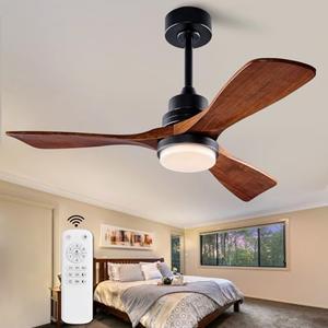 XBIBI 42 Inch Ceiling Fans with Lights and Remote, Modern 3 Blades Wood Ceiling Fan with light, 6 Speed Quiet DC Motor, Indoor Outdoor Ceiling Fan for Patio Bedroom Living Room Kitchen Office