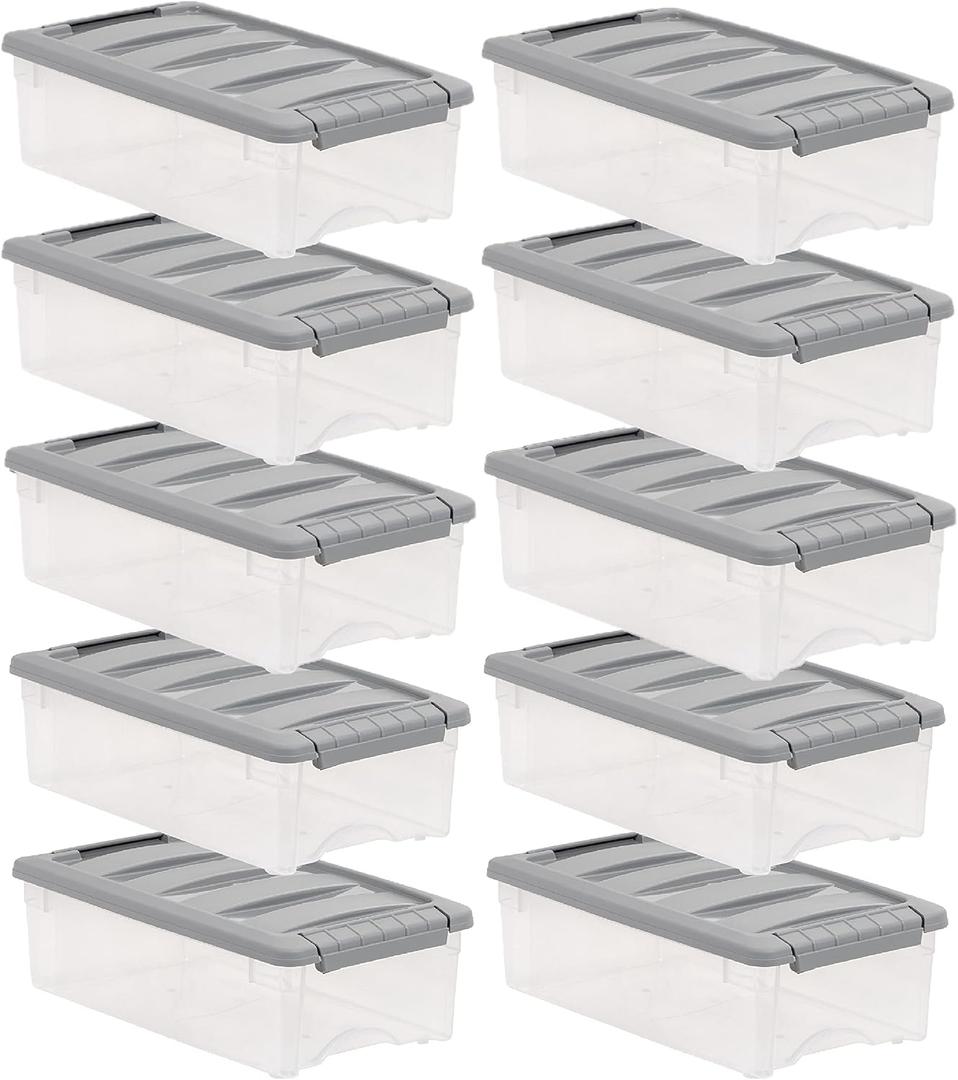 Amazon Basics Plastic Storage Containers with Secure Latching Lids, Stackable Organization Bins for Organizing, Clear/Grey, 5 Quart, Set of 10