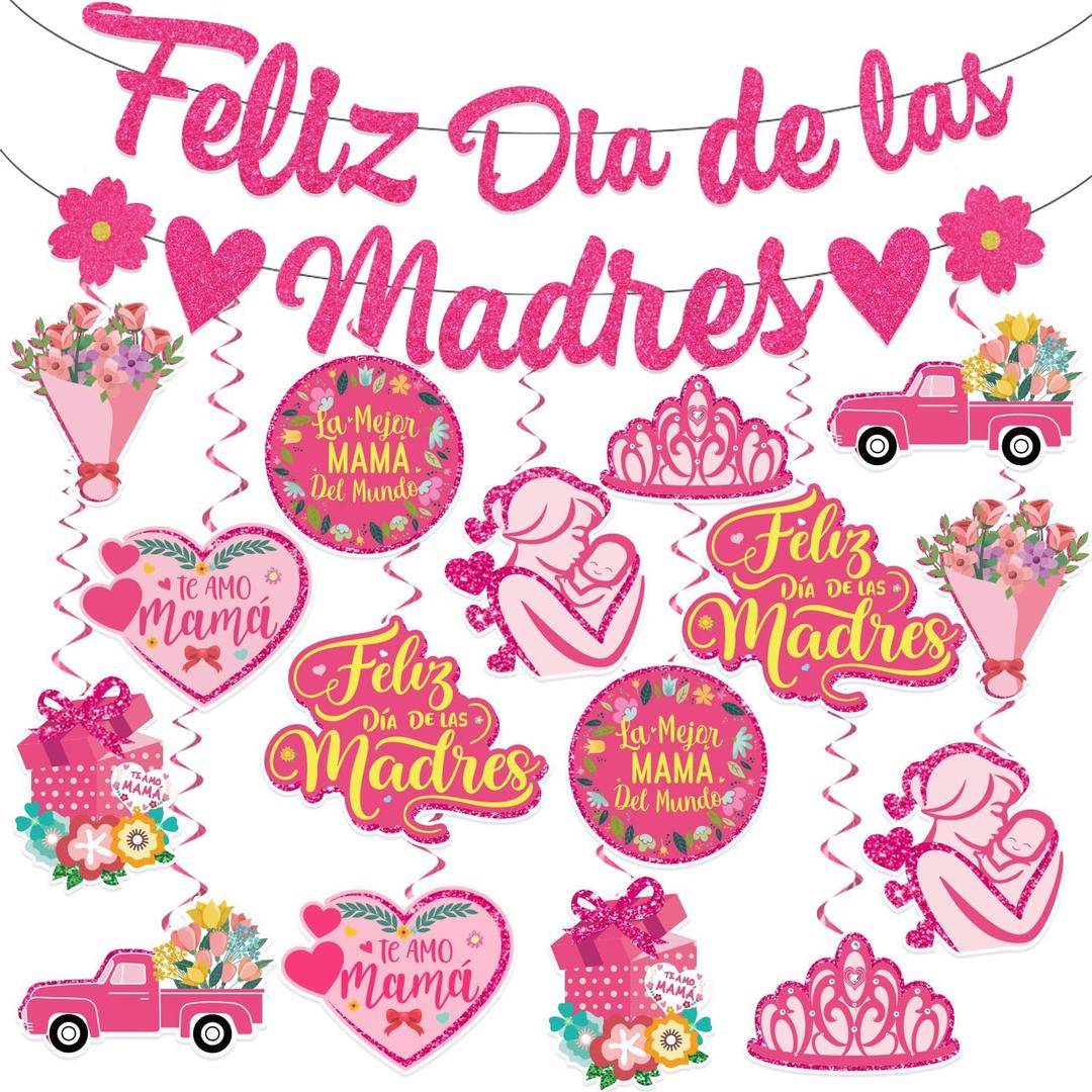 LARRAZABAL Feliz Dia De Las Madres Decorations, Mothers Day Decorations Includes Feliz Dia De Las Madres Banner and Hanging Swirls for Spanish Mother's Day Party Supplies