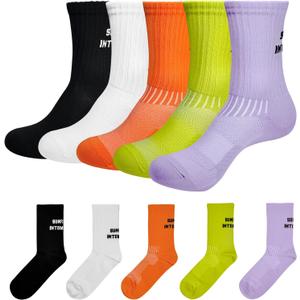 5 Pairs Athletic Running Socks, Mens Womens Compression Sport Crew Socks for Cycling, Climbing, Hiking Workout, Gym, Cushioned Comfort Non-Slip Performance Socks-Moisture Wicking Breathable Quick-Dry