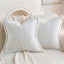 2 x HAUSSY 2 Pack Pillow Covers 20x20 Inch, Corduroy Decorative Throw Pillows Soft Boho Striped Solid Couch Cushion Covers Home Decor Modern Pillow Cases for Living Room Sofa Bed, White (Covers Only)
