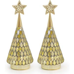 Gold Mosaic Glass Christmas Tree with Star, 2 PCS Small Tabletop Christmas Trees with Light, Battery Operated Xmas Tree for Mantel Decor 11"