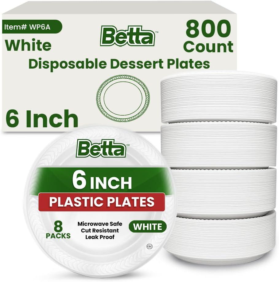 Betta 6-Inch Disposable Plastic Dessert Plates, White, 800 Count, Bulk Case for Schools, Breakrooms and Cafeteria, Microwave Safe (8 Pack Per Box x100)