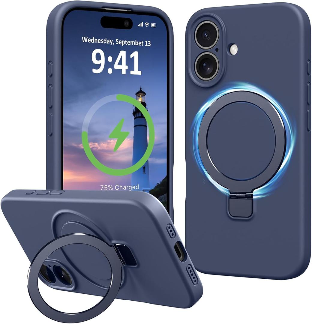 iPhone 16 Plus Case Stand, Slim Comfortable Liquid Silicone Phone Cases Compatible with MagSafe Magnetic Ring Kickstand Stand Full Camera Protection for iPhone 16 Plus 6.7", Dark Blue