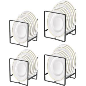 4 Pack Kitchen Plate Organizer for Cabinet, Space Saver Metal Dish Plate Storage Rack Upright Plate Dish Drying Racks Stand for Cupboard and Countertop, 2 Large & 2 Small Black