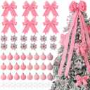 Halloscume 52 Pcs Pink Christmas Tree Decoration Set Include 44'' Large Topper Velvet Bow 12 Poinsettia Flowers 24 Velvet Ball Ornaments 6 Pink Christmas Bow 9 Xmas Snowflakes for Holiday Party Decor