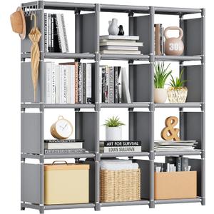 Mavivegue Book Shelf, 12 Cube Storage Organizer, DIY Bookcase, Metal Cube Bookshelf,Tall Book case for Bedroom, Living Room,Office,Closet Storage Organizer, Grey Cubicle Storage Rack