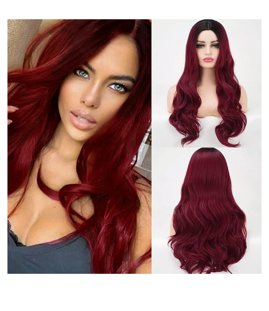Long Ombre Red Wavy Wig for Women 26 Inch Middle Part Curly Wavy Wig Natural Looking Synthetic Heat Resistant Fiber Wig for Daily Party Use
