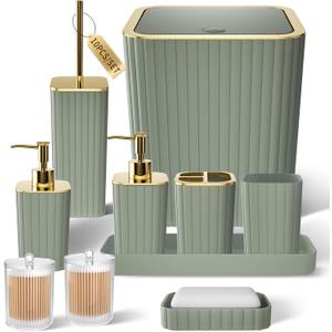 Bathroom Accessories Set - Gorgeous Bathroom Set, 10PC Sage Green Bathroom Accessory Set, Toilet Brush, Trash Can & Soap Dispenser