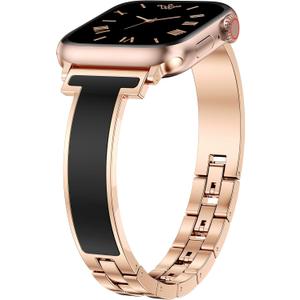 Moolia Slim Metal Band Compatible with Apple Watch 38/40/41/42/44/45/46mm Women, Fancy Dressy Enamel Bracelet Jewelry Luxury Bangle Strap for iWatch Series 11 11 10 9 8 7 6 5 4 3 SE/Ultra 3 2 1/Ultra 3 2 1 (Rose Gold/Black)