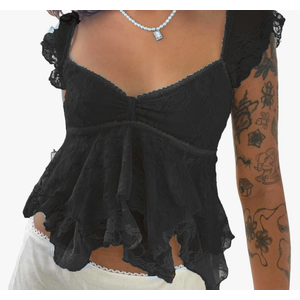 Women Lace Tank Top Cap Sleeve Vintage Floral Sheer Blouse L