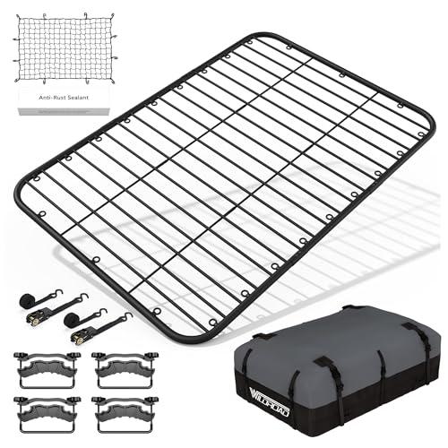 Wildroad Car Roof Platform, Universal Roof Flat Rack Combo 69" x 47" x 1.3" Heavy Duty Roof Rack Platform with Cargo Bag, Cargo Net, Ratchet Straps and Anti-Rust Sealant Fits for SUV Truck Cars