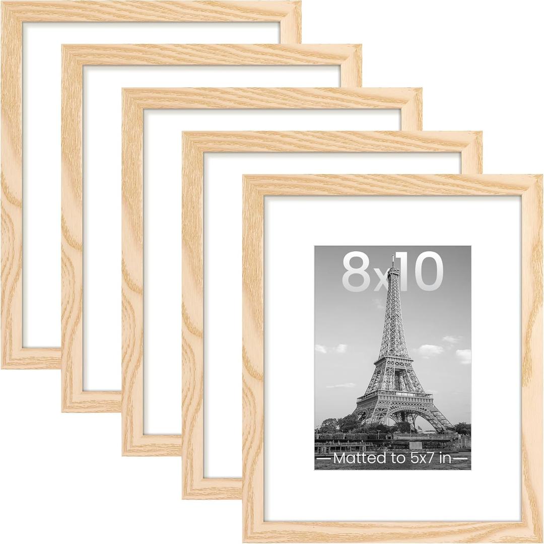 Upsimples 8x10 Picture Frame Set of 5, Display Pictures 5x7 with Mat or 8 x 10 Without, Wall Gallery Photo Frames, Natural