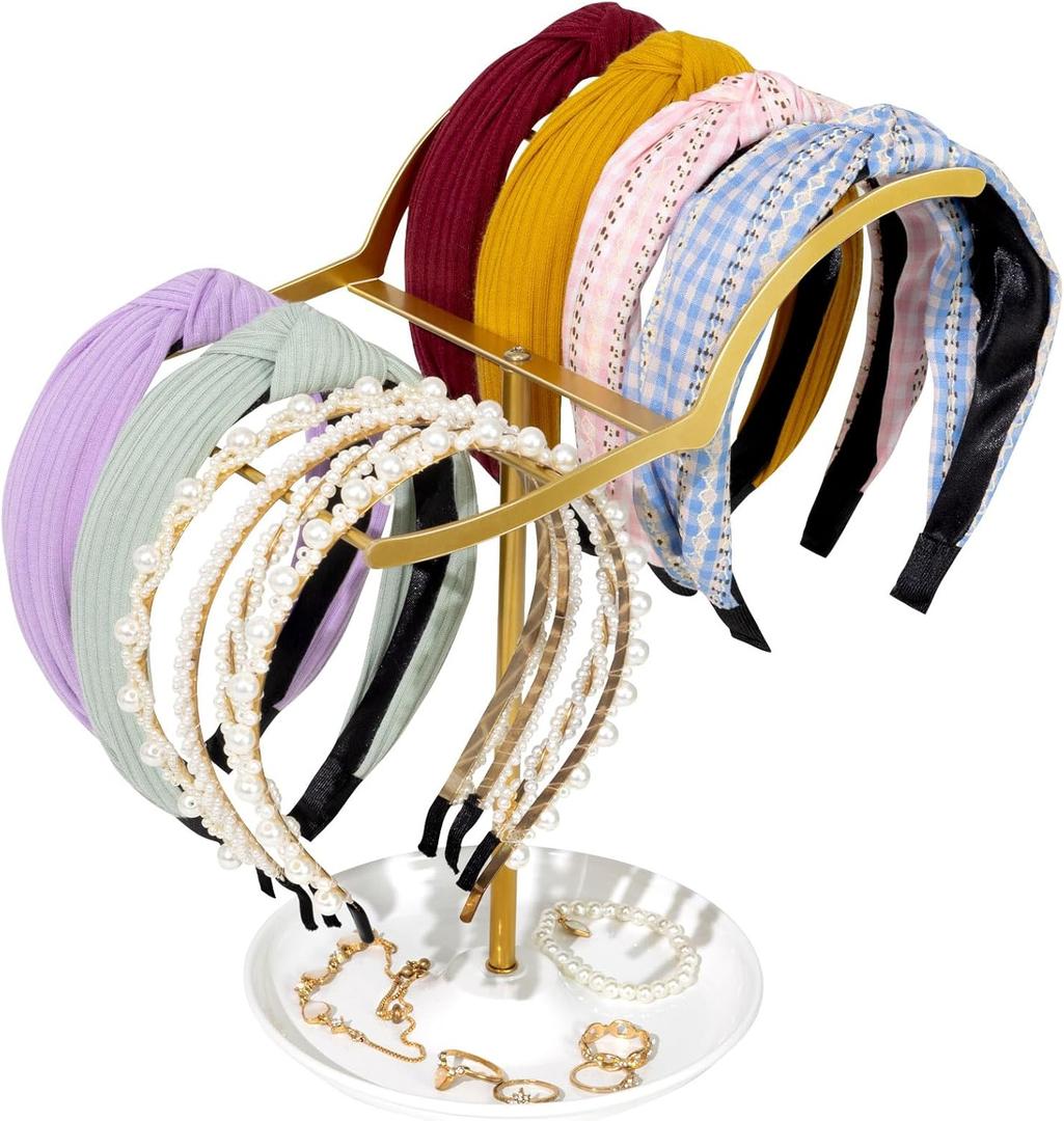 OAOLEER Headband Holder Organizer 2-Tier Gold Metal Headband Display Stand Organizer jewelry Storage Hair Ties Screnchies Accessories Ring Bracelets Bangles Bedroom Decor for Girls Women