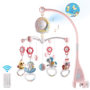 Baby Musical Crib Mobile with Timing Function Projector and Lights,Hanging Rotating Rattles and Remote Control Music Box with 150 Melodies,Toy for Newborn 0-24 Months (Pink)