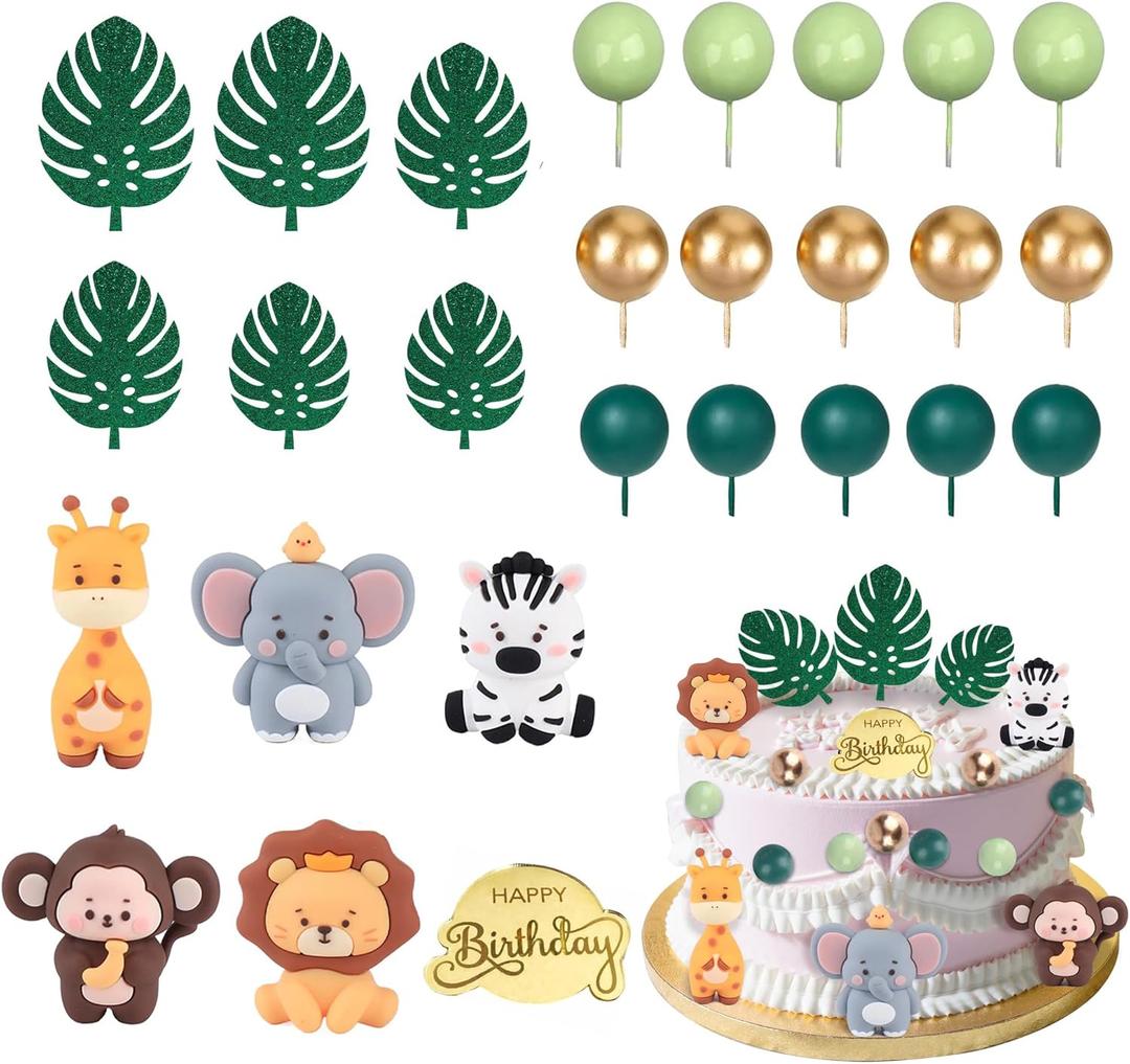 27PCS Safari Animal Cake Topper, Plam Leaves Balls Cake Decorations Birthday Cake for Wild Theme Birthday Decorations Supplies
