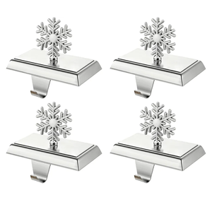 Stocking Holders for Mantle, 4 Pcs Weighted Christmas Stocking Holder, Magnetic Silver Snowflakes Stocking Hooks for Fireplace