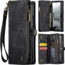 CaseMe Compatible with Samsung Galaxy Z Fold 7 Wallet Case, Magnetic Flip Zipper Pocket Kickstand Cover Premium Durable Leather Case with Card Holder Lanyard Strap Wristle (Black, Z Fold 7)