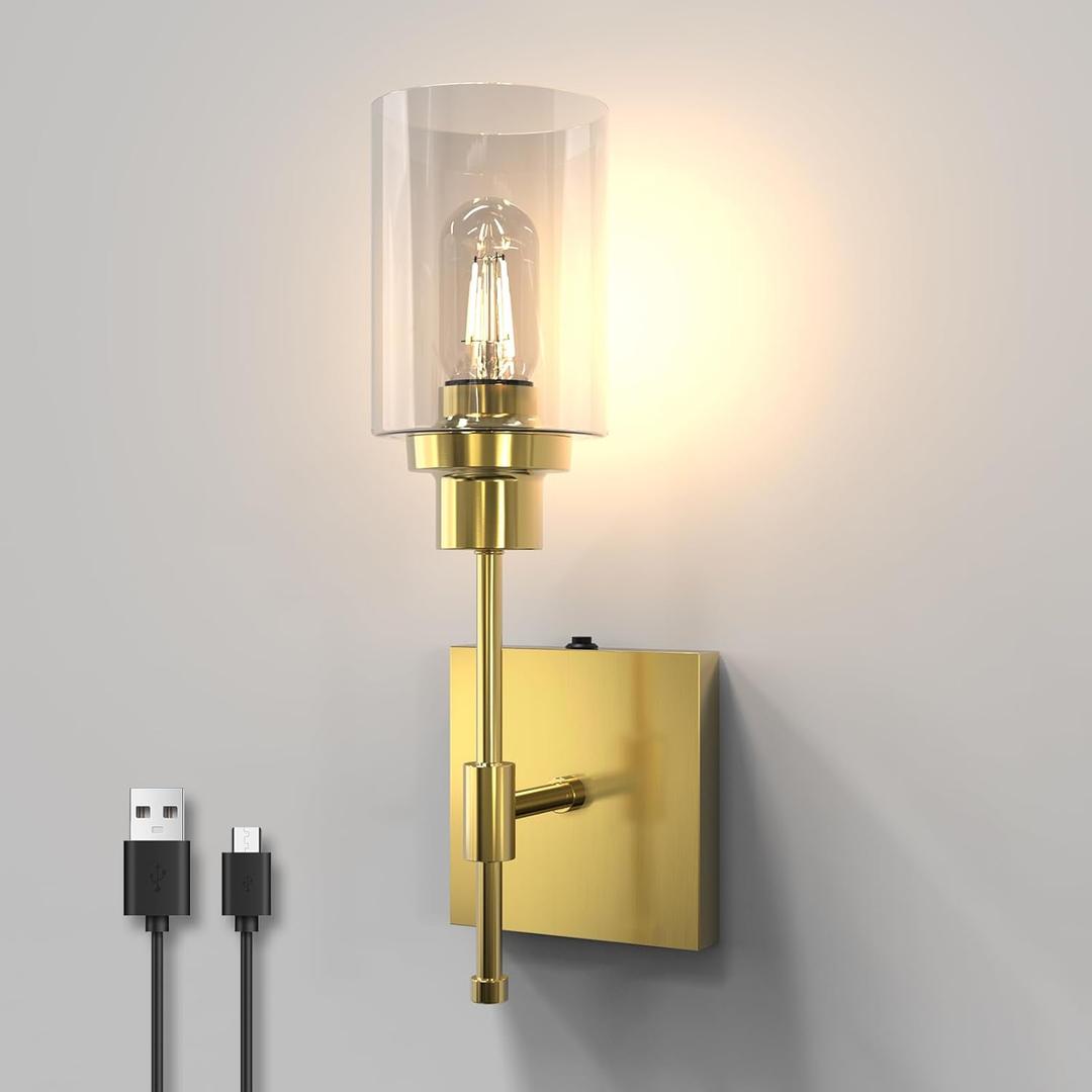 C02 Battery Operated Wall Sconce 1pc, No Wired Rechargeable Wall Lamp with Clear Glass Shade, Easy Install Cordless Wall Light Fixtures for Bathroom, Hallway, Kitchen, Mirror Brass, (Bulb Included)