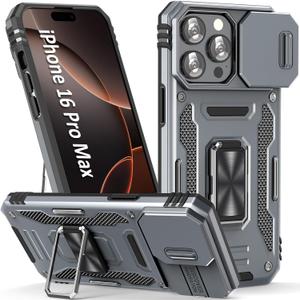 SEFING Phone Case for 16 Pro Max iPhone Case with Kickstand Ring Holder, with Camera Cover, with Magnet Car Mount Function, for iPhone 16 Pro Max (Grey)