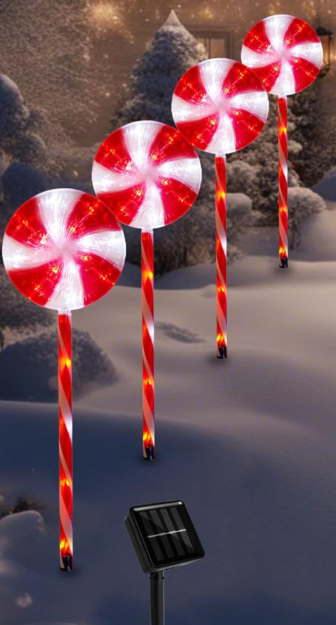 Christmas Solar Pathway Lights, 27" Set of 4 Lollipops Peppermint Stake Lights